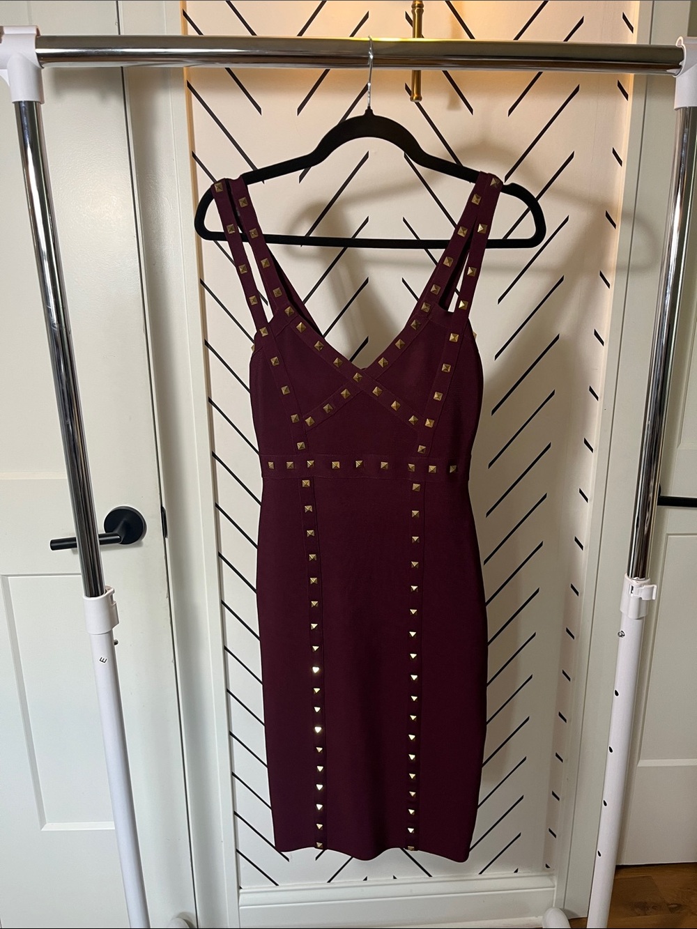 Bebe Burgundy Studded V-Neck Mini Dress